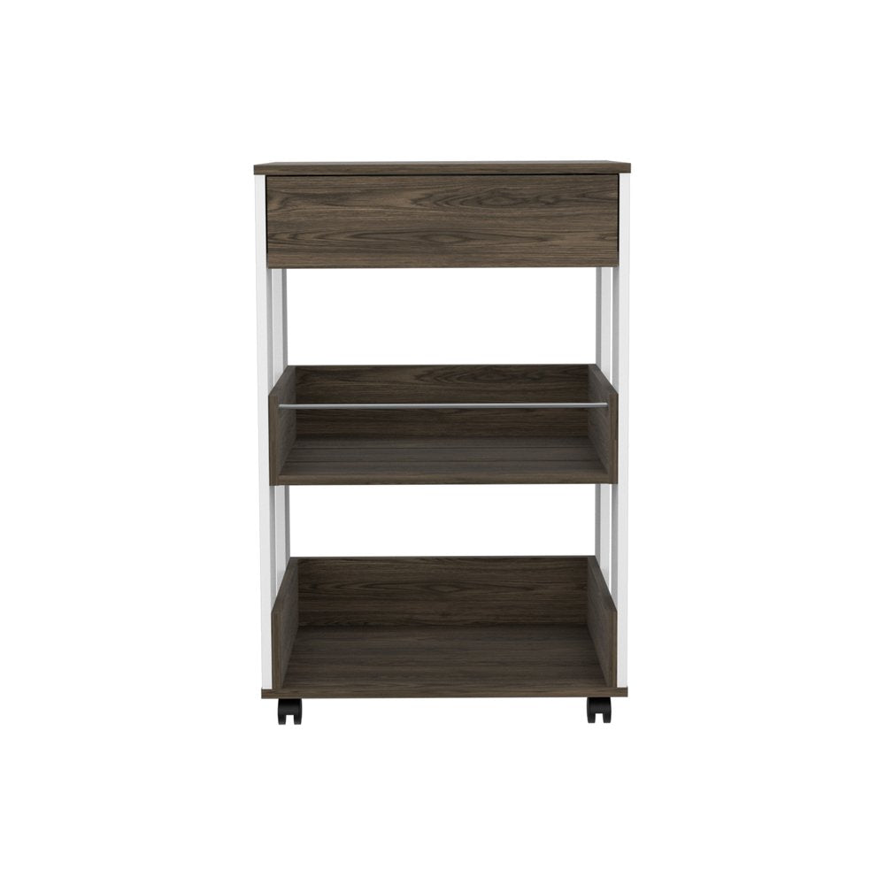 23" Dark Brown and White Wood Rolling Kitchen Cart With Storage HomeRoots