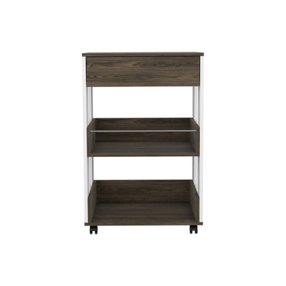 23" Dark Brown and White Wood Rolling Kitchen Cart With Storage