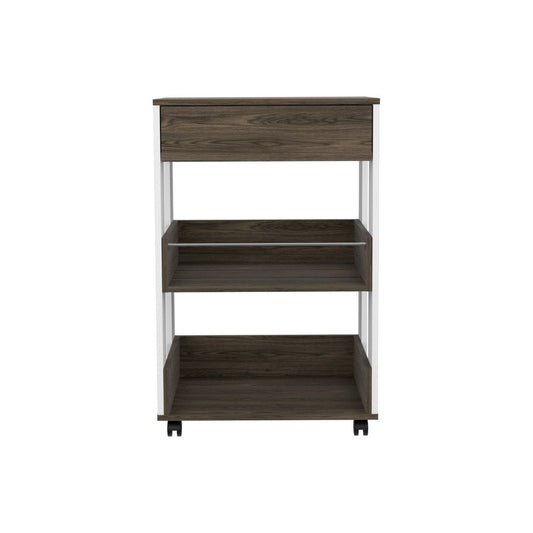23" Dark Brown and White Wood Rolling Kitchen Cart With Storage