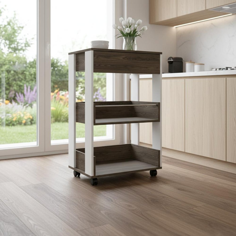 23" Dark Brown and White Wood Rolling Kitchen Cart With Storage — view 1