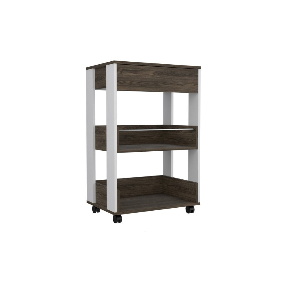 23" Dark Brown and White Wood Rolling Kitchen Cart With Storage HomeRoots