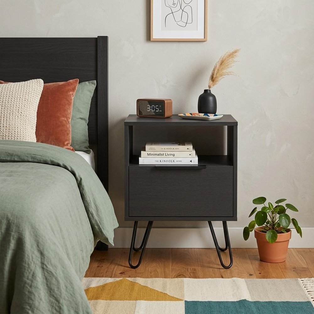 22" Black Wood One Drawer Nightstand HomeRoots