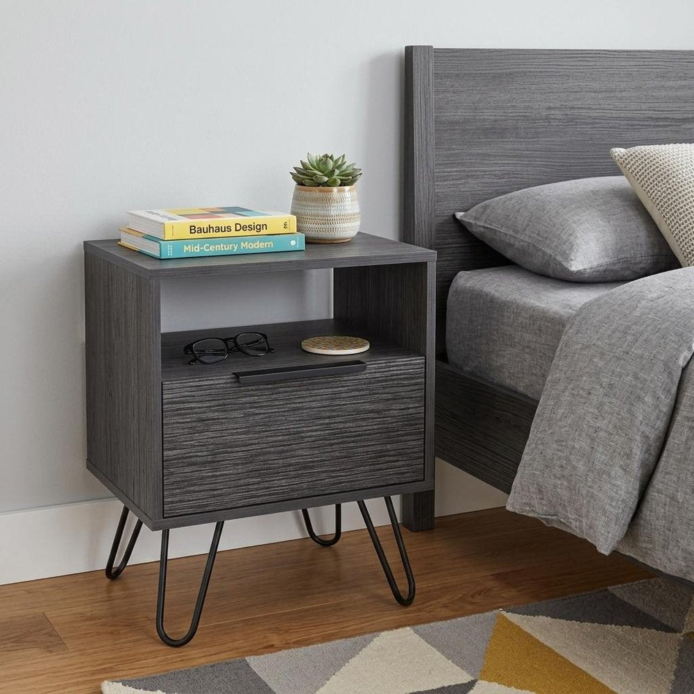 22" Gray Faux Wood Nightstand With Storage HomeRoots