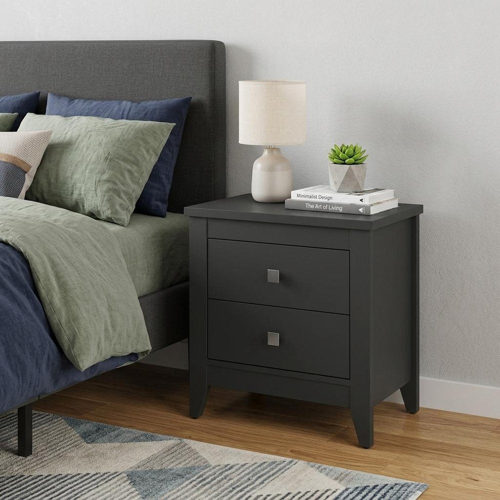 24" Black Wood Two Drawer Nightstand HomeRoots