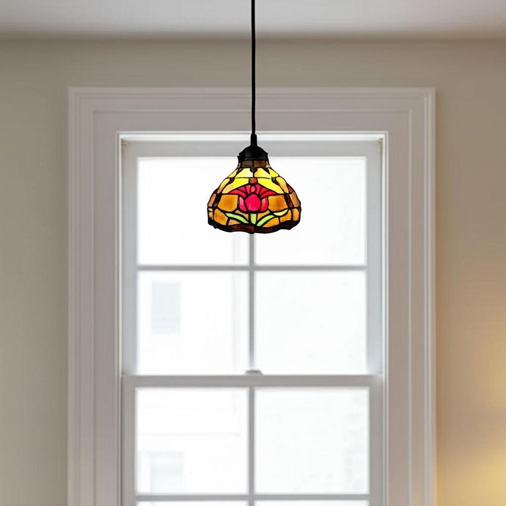 Red And White Unique Statement Glass and Tiffany Glass Dimmable Chandelier With Red And White Shades HomeRoots