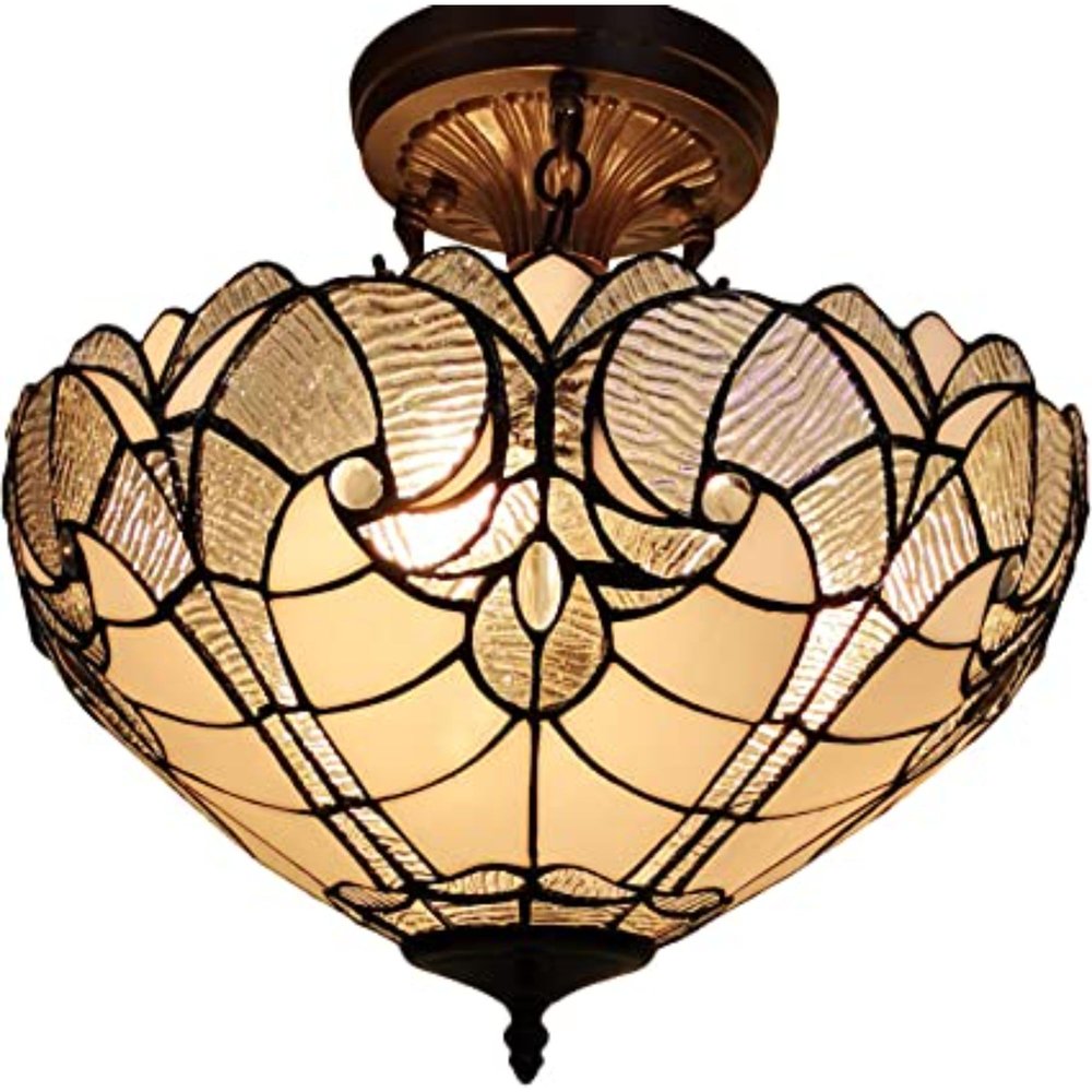 Yellow and Brown Two Light Tiffany Style Semi Flush Dimmable Ceiling Light — view 1