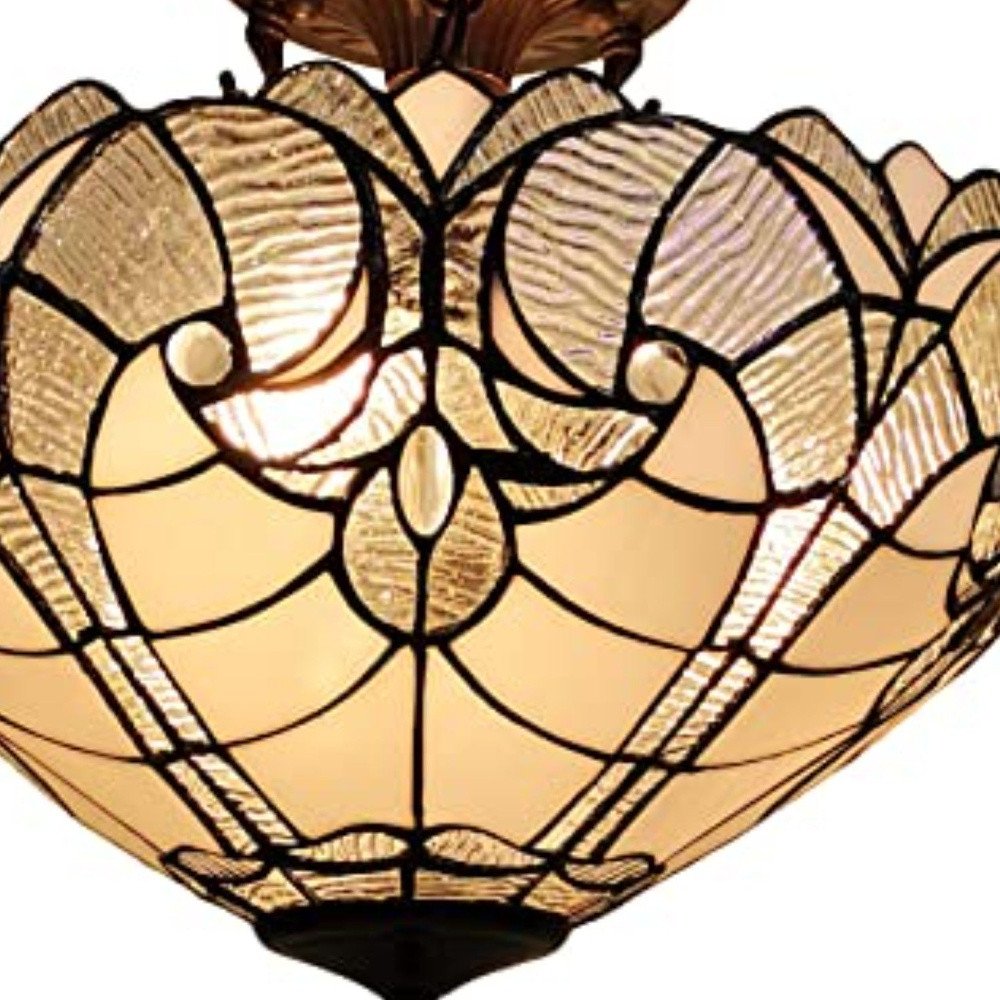 Yellow and Brown Two Light Tiffany Style Semi Flush Dimmable Ceiling Light — view 3