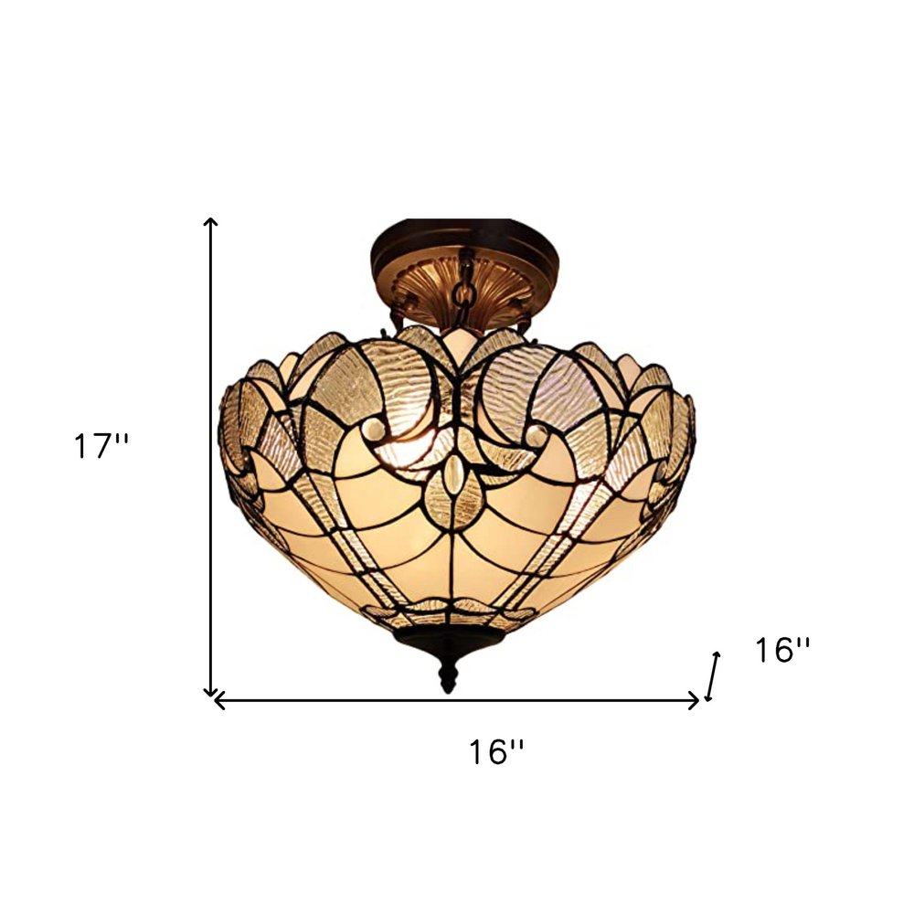 Yellow and Brown Two Light Tiffany Style Semi Flush Dimmable Ceiling Light — view 2
