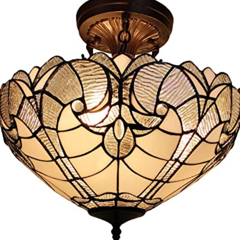Yellow and Brown Two Light Tiffany Style Semi Flush Dimmable Ceiling Light — view 4