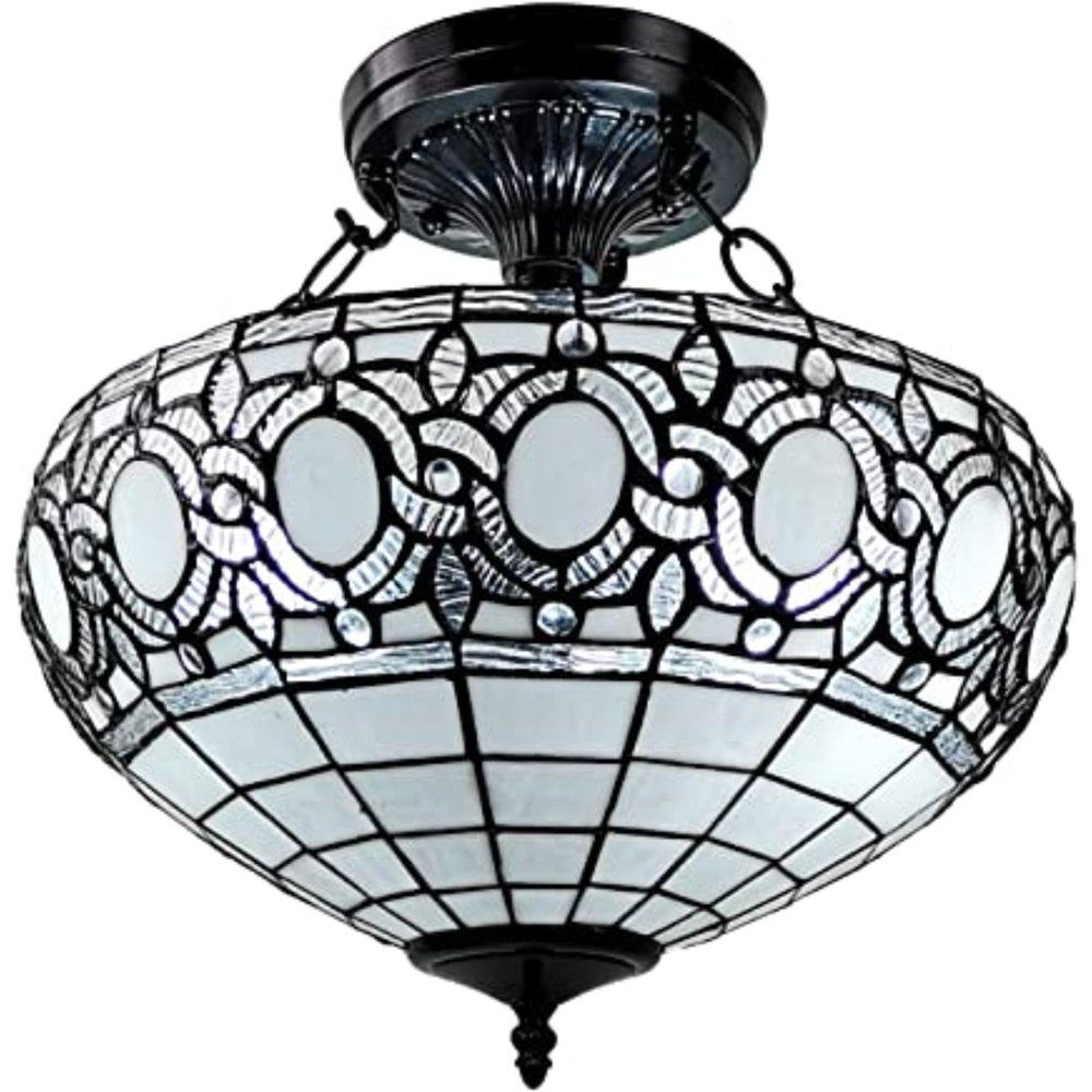 Blue and Black Tiffany Style Two Light Glass Dimmable Semi Flush Ceiling Light — view 1