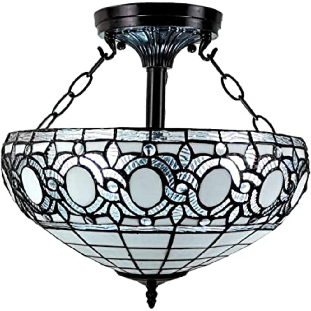 Blue and Black Tiffany Style Two Light Glass Dimmable Semi Flush Ceiling Light — view 2