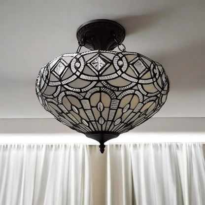 Black and Gray Tiffany Style Two Light Glass Dimmable Semi Flush Ceiling Light