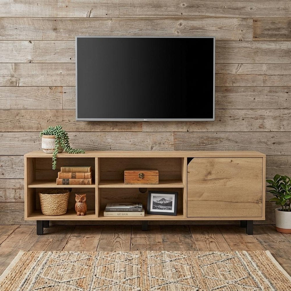 71" Natural Wood Enclosed and Open Storage TV Stand HomeRoots