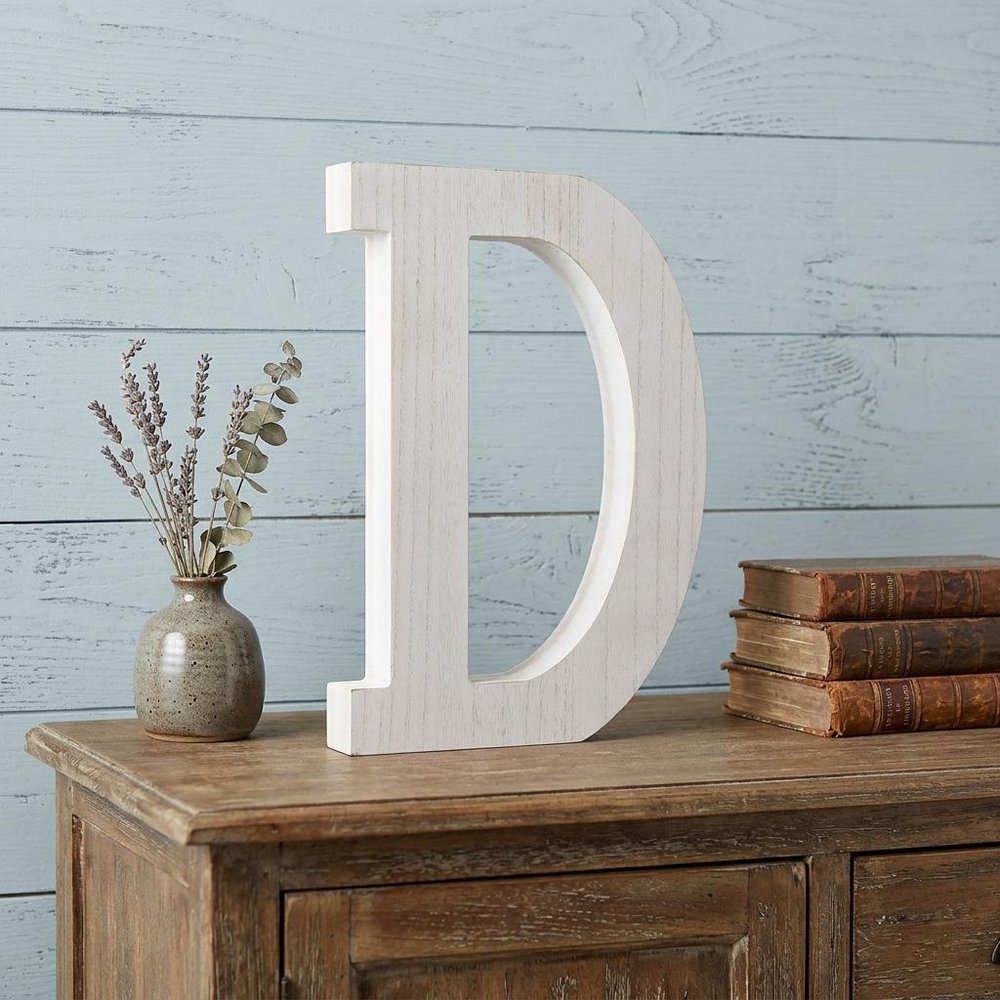 16" Distressed White Wash Wooden Initial Letter D Sculpture HomeRoots