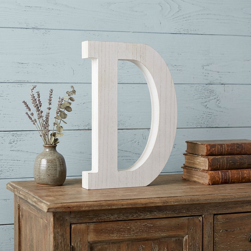 16" Distressed White Wash Wooden Initial Letter D Sculpture HomeRoots