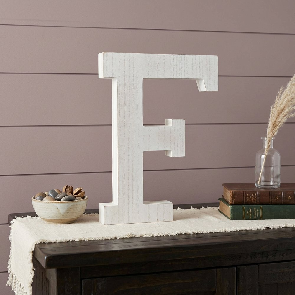 16" Distressed White Wash Wooden Initial Letter F Sculpture HomeRoots