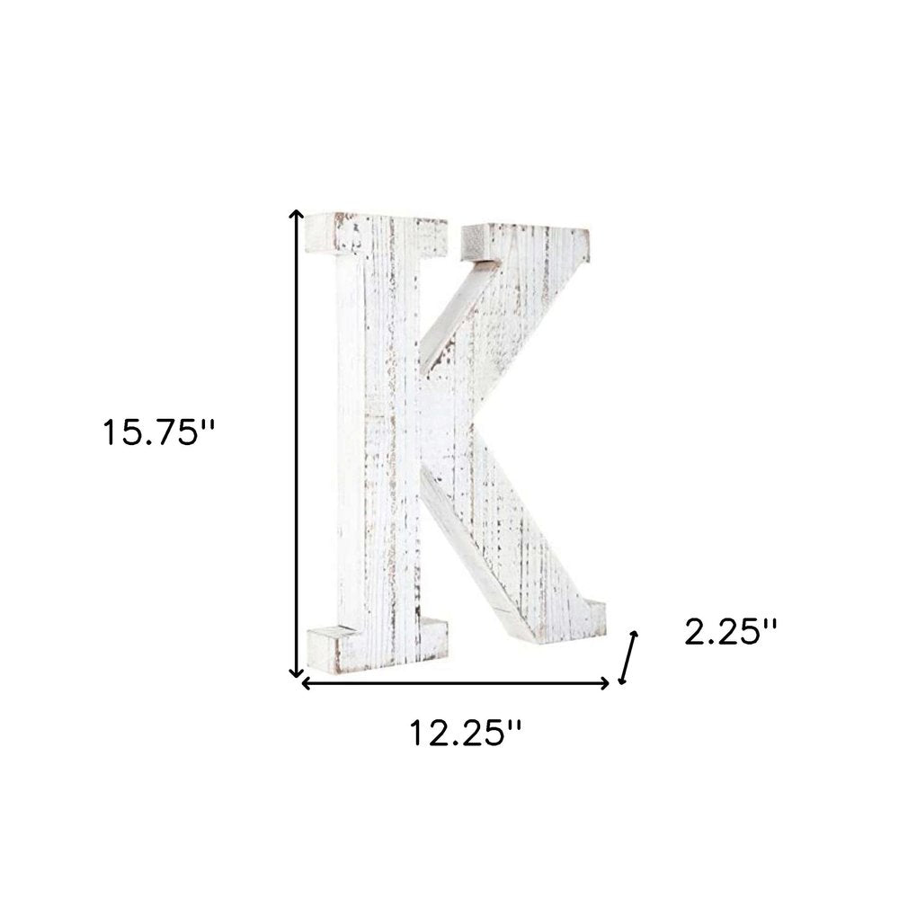 16" White Distressed Wood Letter K Tabletop Sculpture HomeRoots