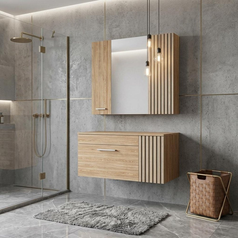 24" Natural Wood Floating Double Door Bathroom Vanity And Medicine Cabinet With Mirror — view 3