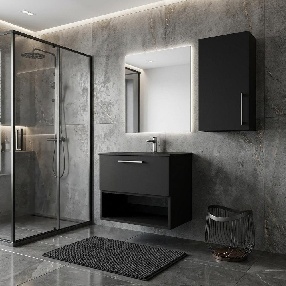 32" Black Wood Floating Single Door Bathroom Vanity And Medicine Cabinet — view 3