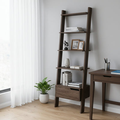 70" Brown Five Tier Ladder Bookcase with A Drawer HomeRoots