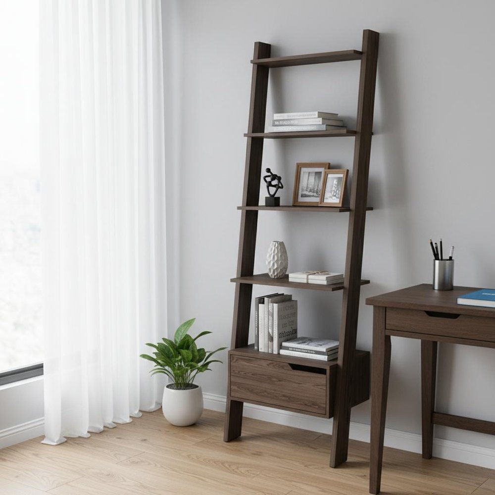 70" Brown Five Tier Ladder Bookcase with A Drawer HomeRoots