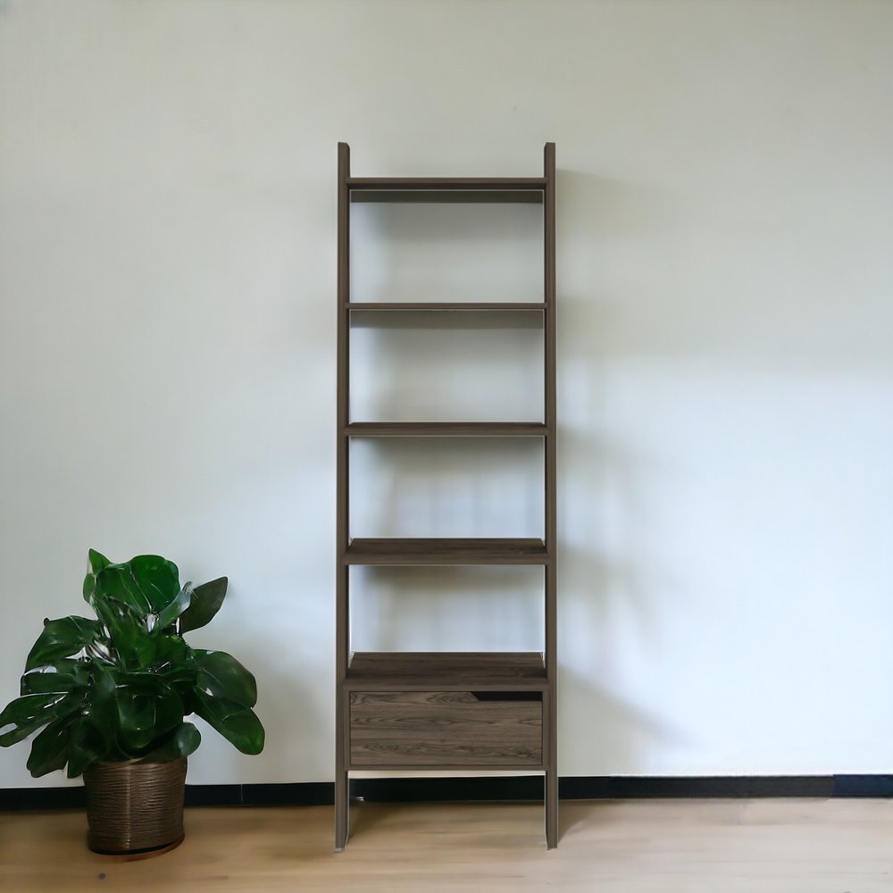 70" Brown Five Tier Ladder Bookcase with A Drawer HomeRoots