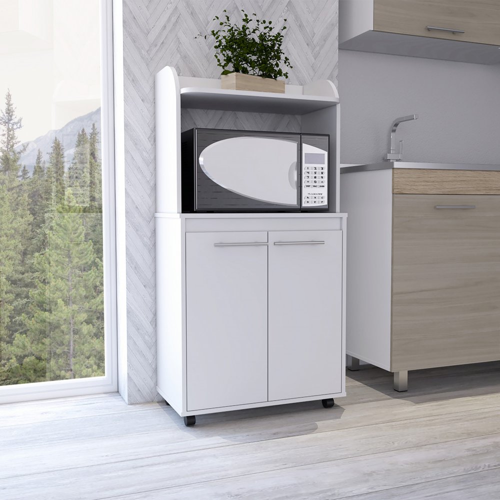 25" White Wood Rolling Kitchen Cart With Storage — view 2