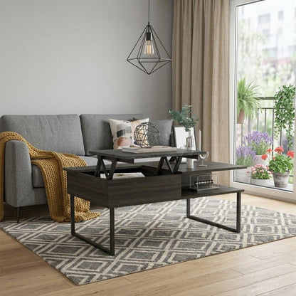41" Gray And Onyx Metal Lift Top Coffee Table With Two Shelves HomeRoots