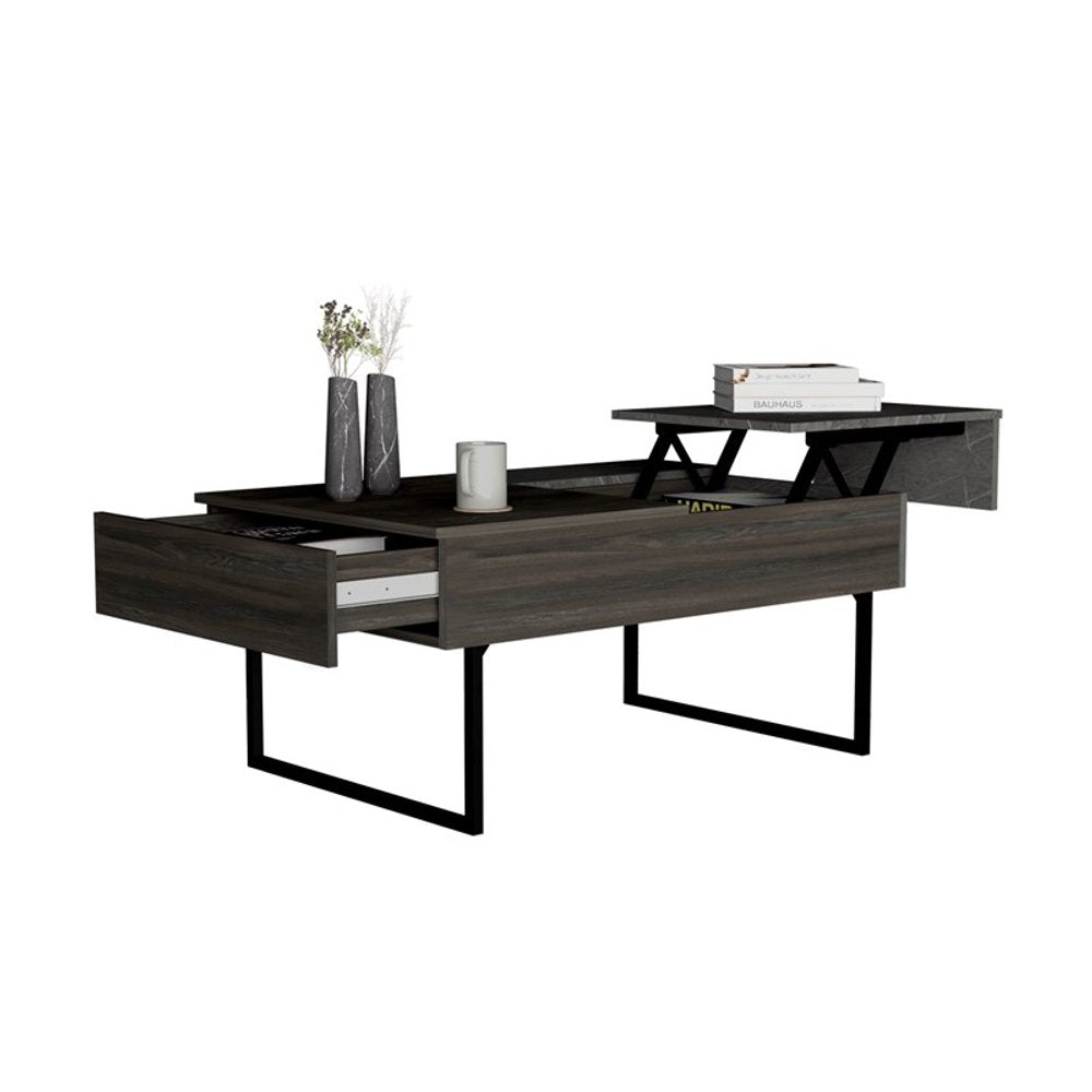 39" Espresso And Black Metal Lift Top Coffee Table With Drawer HomeRoots