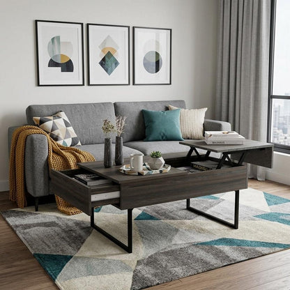 39" Espresso And Black Metal Lift Top Coffee Table With Drawer HomeRoots