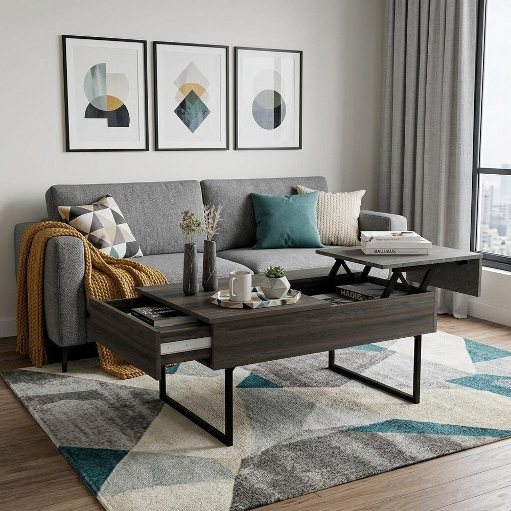 39" Espresso And Black Metal Lift Top Coffee Table With Drawer HomeRoots