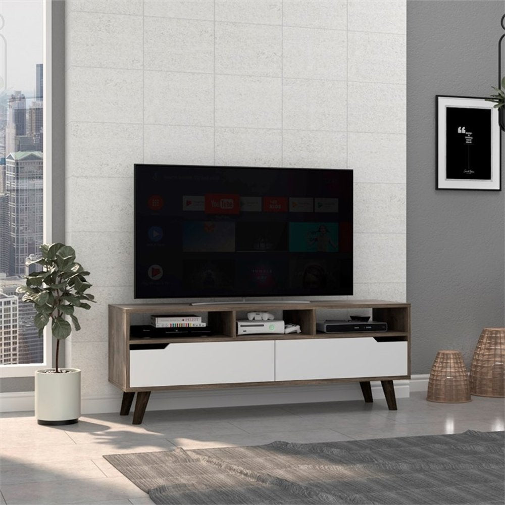 54" Brown And White Particle Board Open Shelving TV Stand HomeRoots