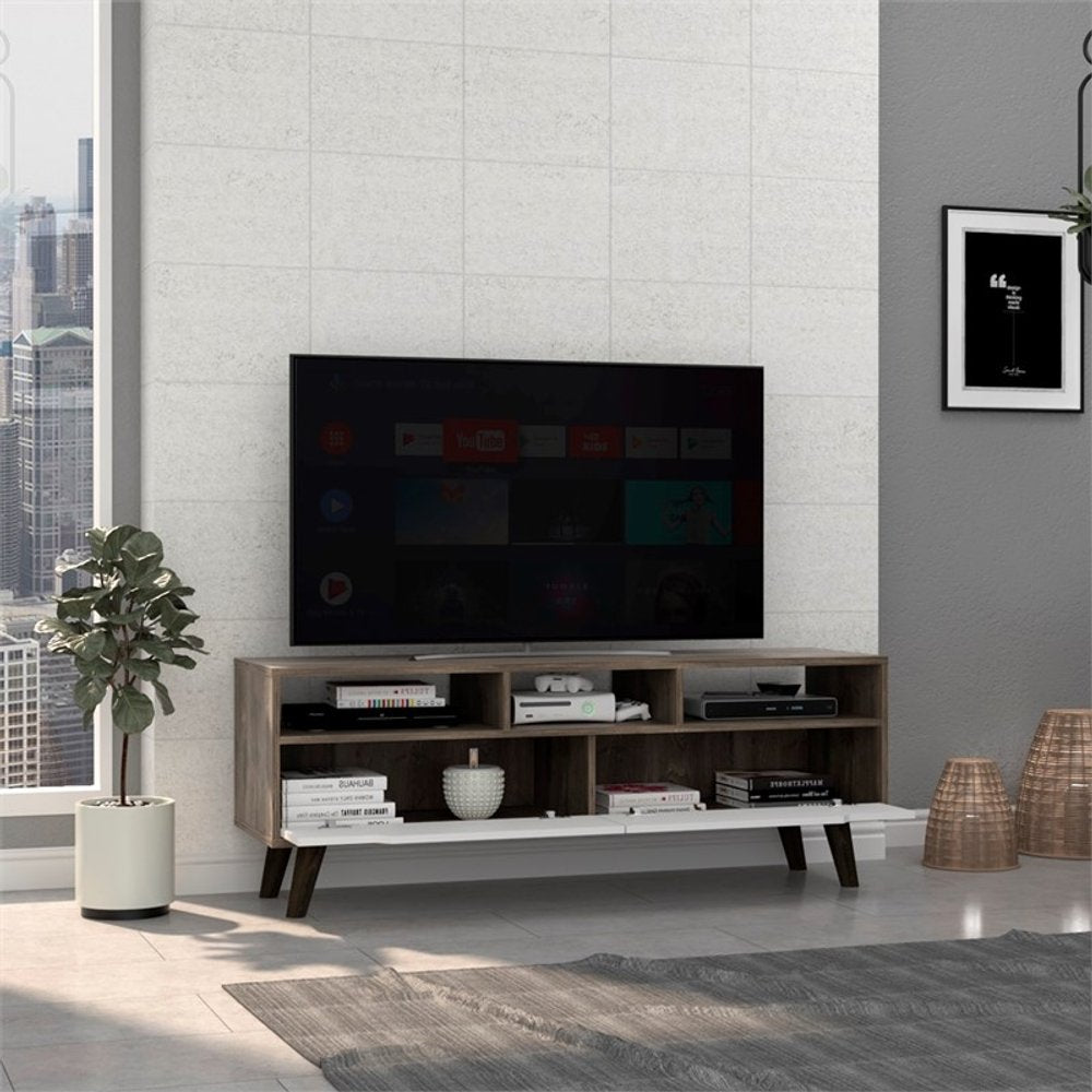 54" Brown And White Particle Board Open Shelving TV Stand HomeRoots