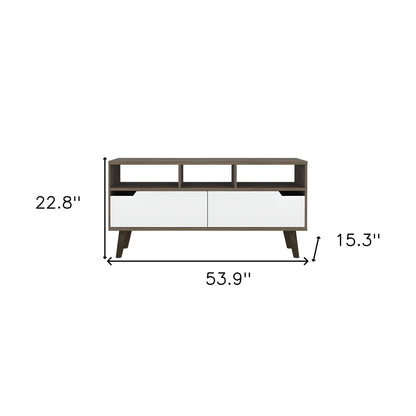 54" Brown And White Particle Board Open Shelving TV Stand