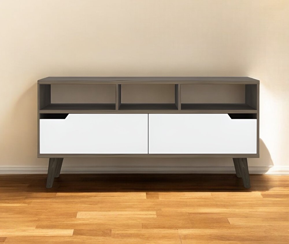 54" Brown And White Particle Board Open Shelving TV Stand HomeRoots