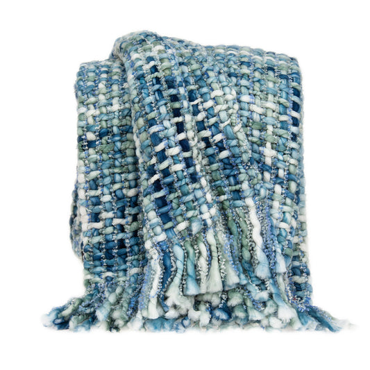 52" X 67" Blue and Green Woven Cotton Blend Throw Blanket with Tassels