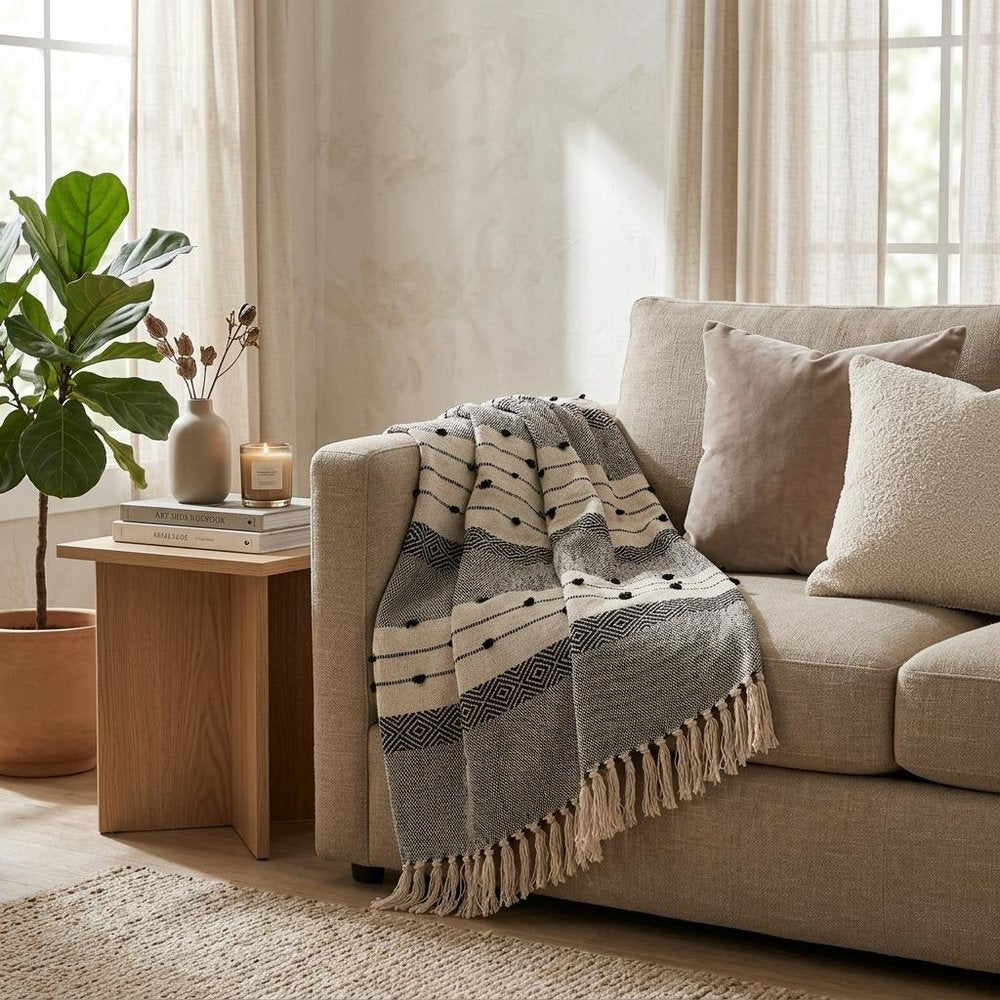 52" X 67" Beige and Black Woven Wool Throw Blanket HomeRoots