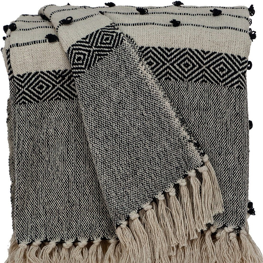 52" X 67" Beige and Black Woven Wool Throw Blanket HomeRoots