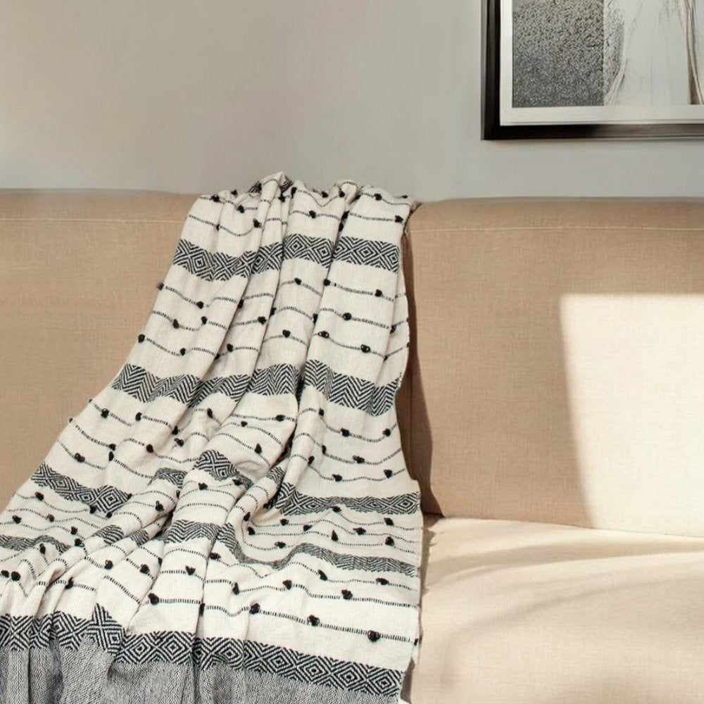 52" X 67" Beige and Black Woven Wool Throw Blanket HomeRoots