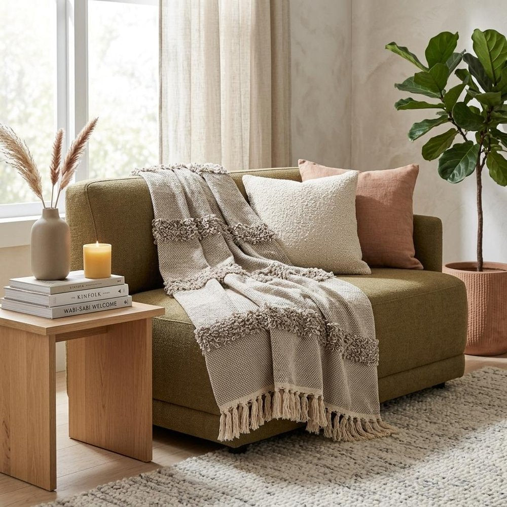 Beige Woven Wool Solid Color Reversable Throw HomeRoots