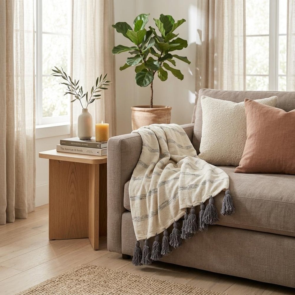 Off White Woven Cotton Solid Color Reversable Throw HomeRoots