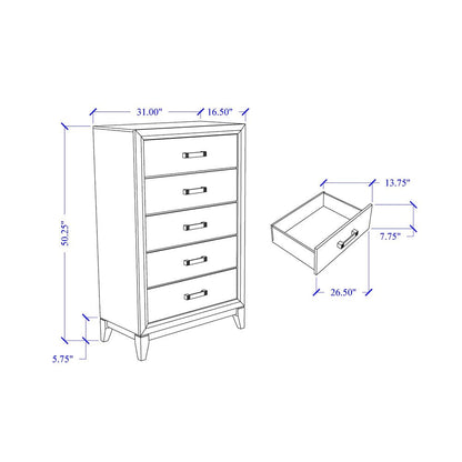 31" White Wood Five Drawer Dresser