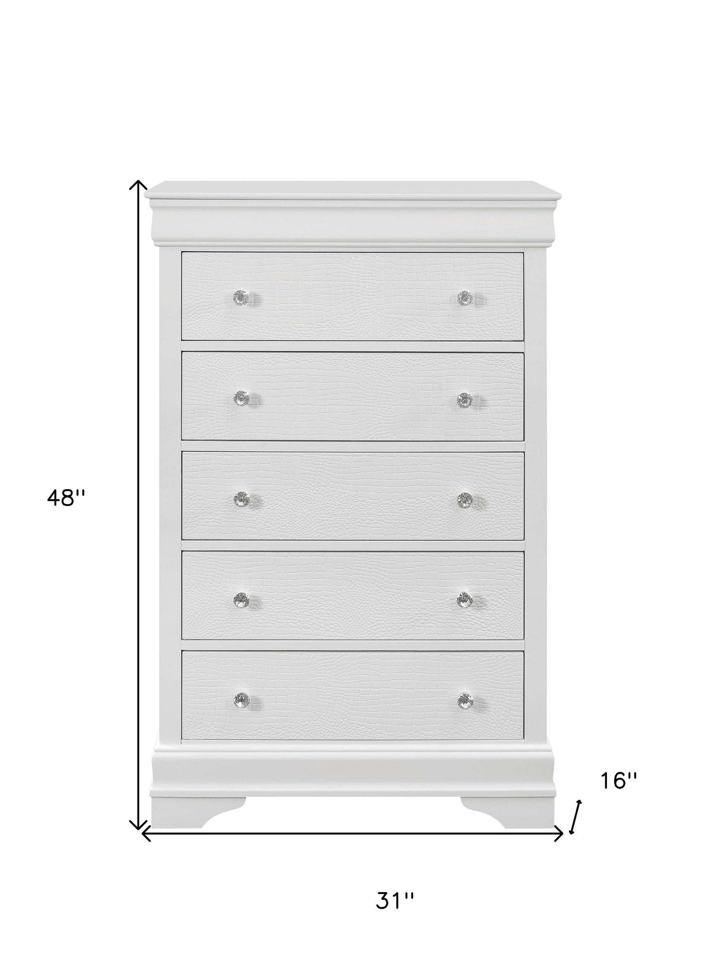 31" Metallic White Solid Wood Five Drawer Chest