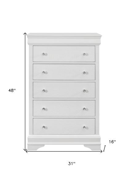 31" Metallic White Solid Wood Five Drawer Chest