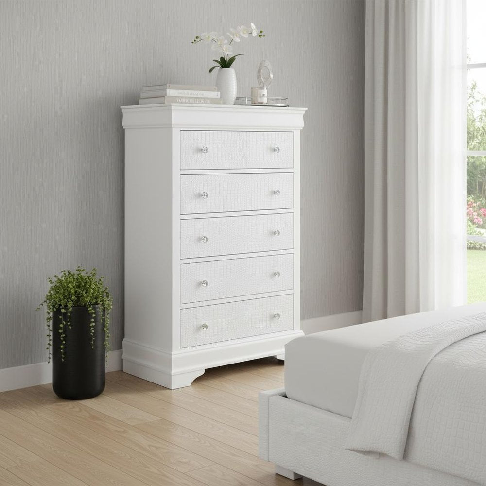 31" Metallic White Solid Wood Five Drawer Chest HomeRoots