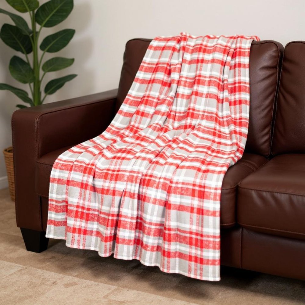 Red Woven Cotton Plaid Throw Blanket — view 6