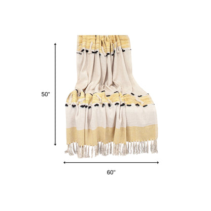 50" X 60" Yellow and Ivory Woven Cotton Striped Throw Blanket with Tassels