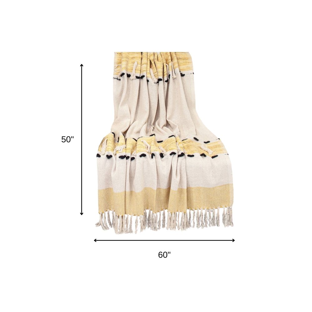 50" X 60" Yellow and Ivory Woven Cotton Striped Throw Blanket with Tassels HomeRoots