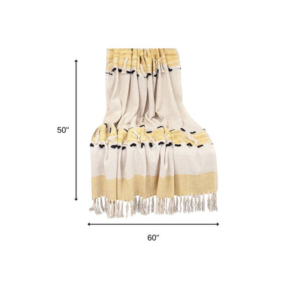 50" X 60" Yellow and Ivory Woven Cotton Striped Throw Blanket with Tassels HomeRoots