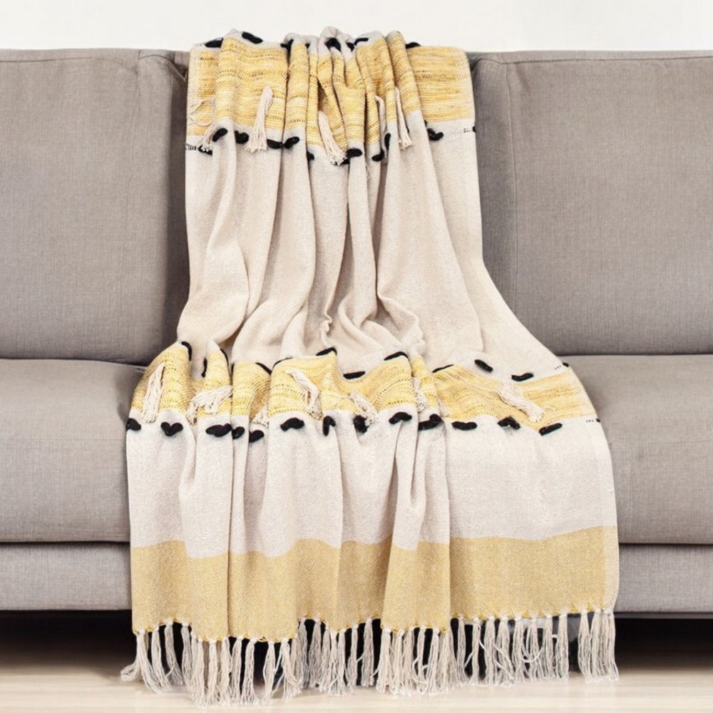 50" X 60" Yellow and Ivory Woven Cotton Striped Throw Blanket with Tassels HomeRoots